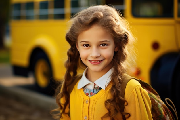 Settembre e l'inizio delle lezioni Una ragazza caucasica sorridente davanti a uno scuolabus giallo