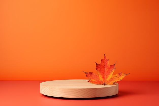 Setup a tema autunnale con podio di legno foglie rosse e sfondo arancione