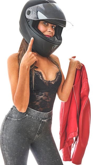 Sexuality empowered motociclista donna con look moderno Power woman concetto