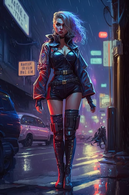 Sexy bella ragazza poliziotto del futuro su strada in stile cyberpunk Generative AI