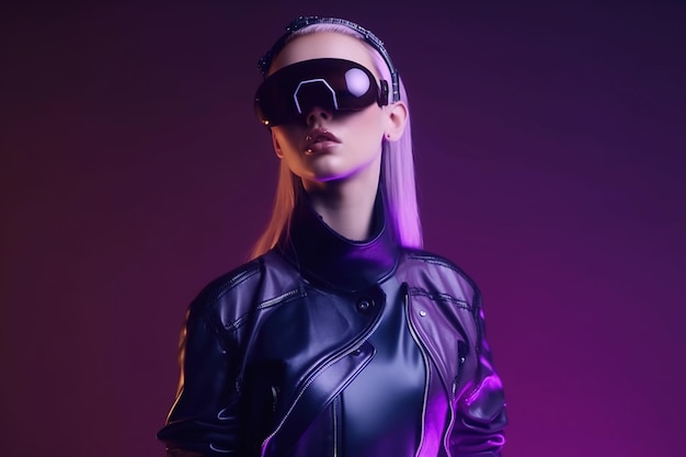 Sexy giovane donna che indossa occhiali futuristici al neon moda stile generativo AI