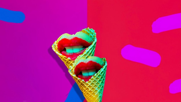 Sexy labbra rosse waffle cono pop art collage colori neon spazio di copia