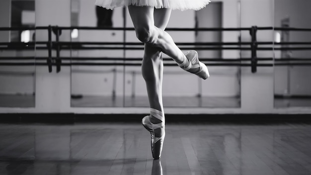 Sezione bassa della gamba della ballerina in scarpe a punta in piedi sul pavimento