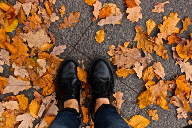 Sezione bassa di un uomo in piedi sulle foglie d'autunno