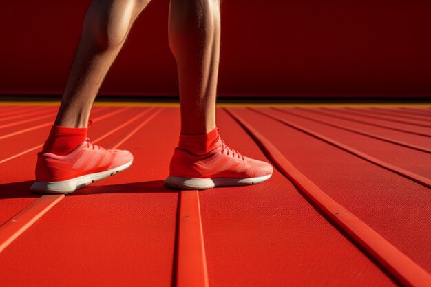 Sezione bassa di una atleta in piedi sulla pista di corsa contro uno sfondo rosso