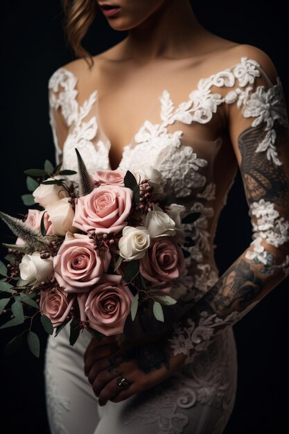 Sezione centrale della sposa che tiene il bouquet di rose