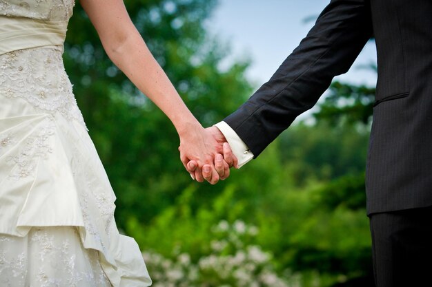 Sezione centrale della sposa e dello sposo che si tengono per mano