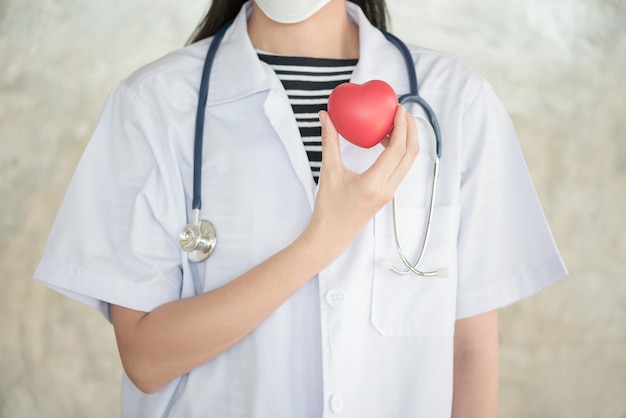 Sezione centrale di un medico femminile che tiene una palla di stress a forma di cuore rossa