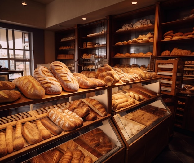 Sezione di panetteria piena di pane appena sfornato