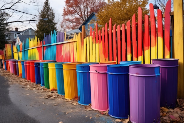 Sezioni di recinzioni dai colori vivaci con lattine di vernice nelle vicinanze