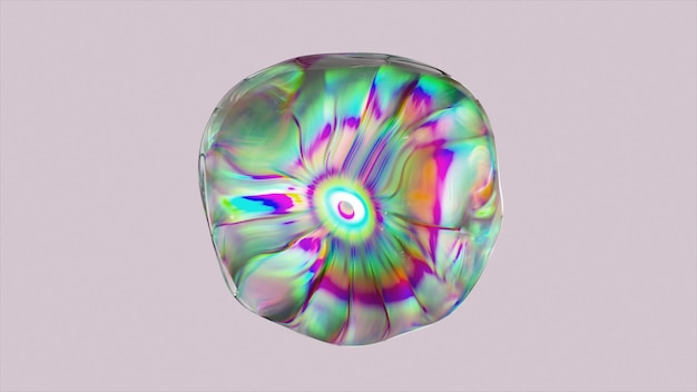 Sfera astratta fatta di liquido trasparente iridescente cambia forma su uno sfondo bianco isolato Rifrazione della luce