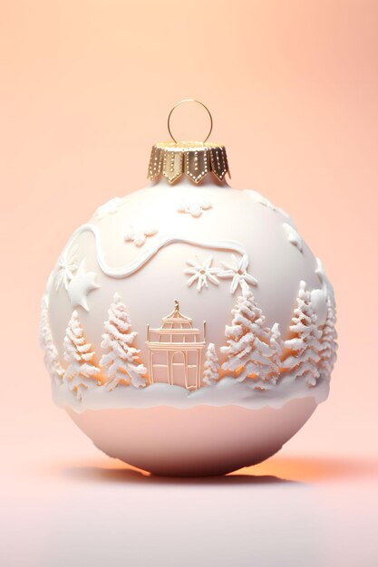 Sfera bianca di decorazione natalizia con albero di Natale coperto di neve Illustrazione di Capodanno 3d