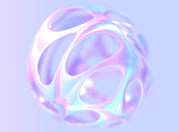 Sfera cava olografica 3D o sfera di metallo con fori oggetto tondo cromatico con texture perlescente sfumata scultura futuristica lucida forma fluida astratta Design moderno e minimale Rendering 3D