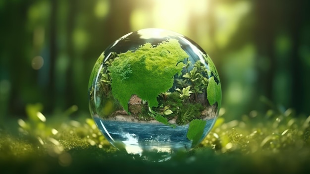 Sfera cristallina trasparente con contorni di continenti in una foresta verde Gli alberi d'erba e l'acqua si riflettono nel globo di vetro Protezione del concetto di risorse idriche Cura ambientale Rendering 3D