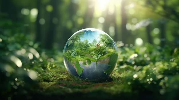 Sfera cristallina trasparente in una foresta verde piena di luce solare Gli alberi d'erba e l'acqua si riflettono nel globo di vetro Protezione del concetto di risorse idriche Cura ambientale Rendering 3D