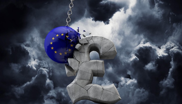 Sfera dell'Unione europea che fracassa una sterlina simbolo dell'economia britannica d render