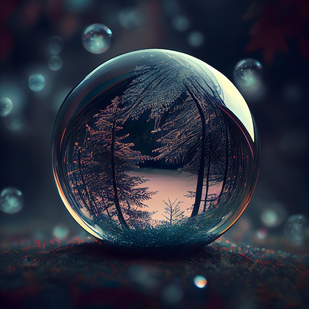 Sfera di cristallo con foresta e sfondo bokeh rendering 3D