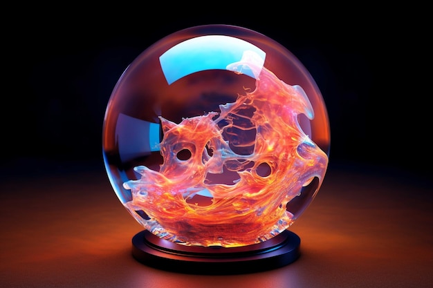 Sfera di cristallo con fuoco all'interno dell'illustrazione 3D Sfondo astratto