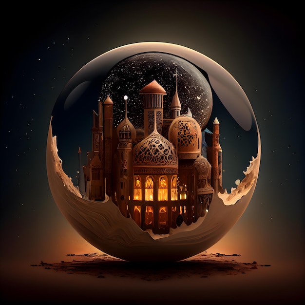 Sfera di cristallo magica con moschea ramadan kareem su sfondo scuro
