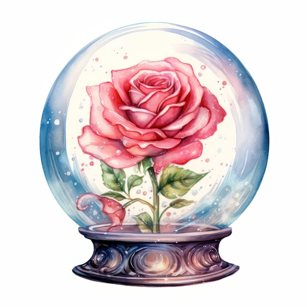 Sfera di cristallo magica con rosa rossa isolata su sfondo bianco Illustrazione ad acquerello