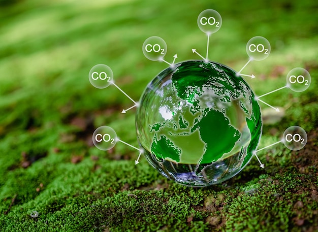 Sfera di cristallo sul muschio nella foresta verde Concetto di riduzione delle emissioni di CO2 ambiente pulito e amichevole