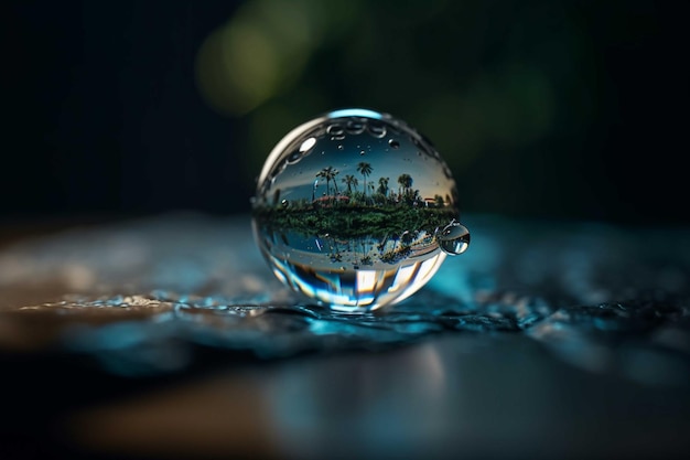 Sfera di cristallo sul tavolo con riflesso di alberi e montagne Concetto di natura