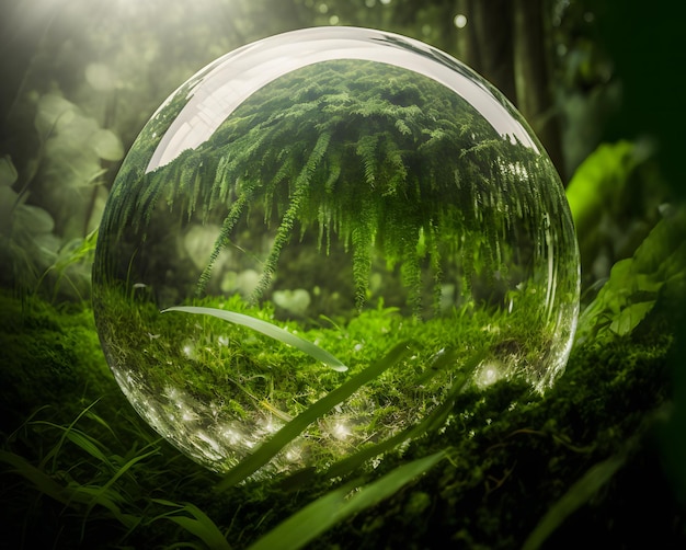 Sfera di cristallo sull'erba verde con il riflesso della vegetazione verde all'interno Arte generata dalla rete neurale