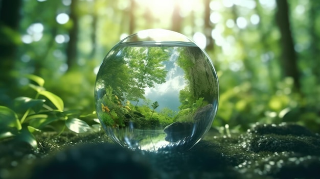 Sfera di cristallo trasparente in una foresta verde piena di luce solare Erba e alberi si riflettono nel globo di vetro Concetto di protezione delle risorse idriche Cura ambientale Giornata della Terra Rendering 3D