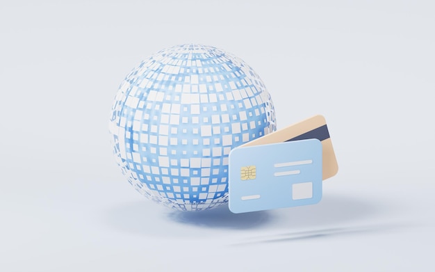 Sfera di dati digitali con rendering 3d della carta bancaria