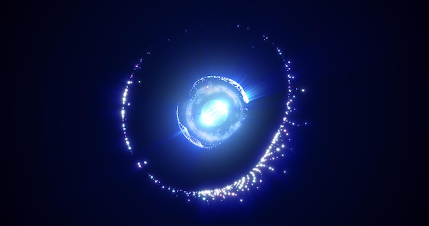 Sfera di energia astratta con l'atomo futuristico di scienza delle particelle blu luminose incandescente di volo