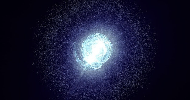 Sfera di energia stella blu con un'esplosione di energia nel nucleo su sfondo nero hitech