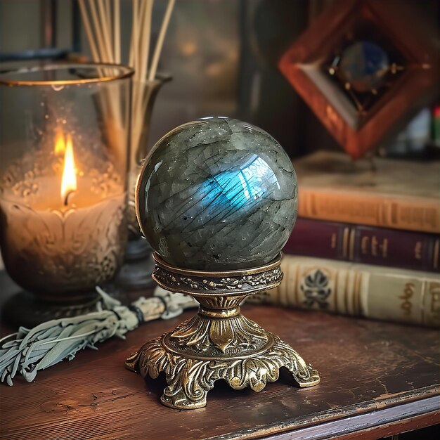 Sfera di gemma di labradorite su una base con libri e lume di candela