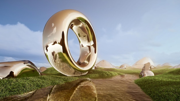 Sfera di metallo argentato brillante con foro centrale sul terreno con rendering 3d di sfondo naturale