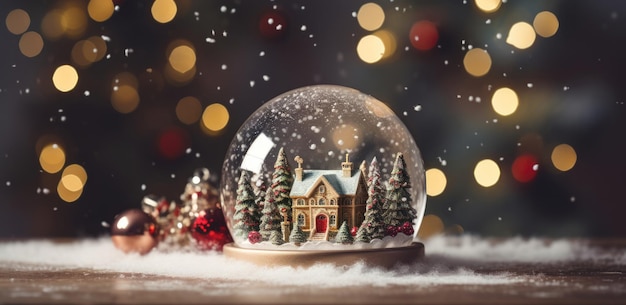 Sfera magica di neve con decorazioni natalizie striscia natalizia con luci e bokeh sullo sfondo