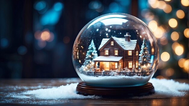 Sfera magica di vetro con una piccola casa invernale moderna e accogliente all'interno sullo sfondo festivo del Natale