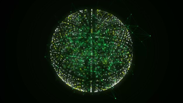 Sfera pulsante futuristica fatta di particelle per la rete di connessione Flusso di particelle verdi nel cyberspace Concetto di energia spaziale rendering 3D