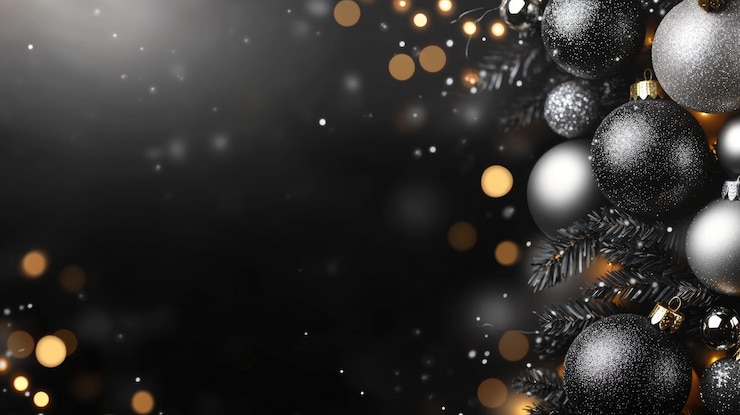 Foto sfere di albero di natale scintillanti neri e bianchi sfondo di natale luci brillanti