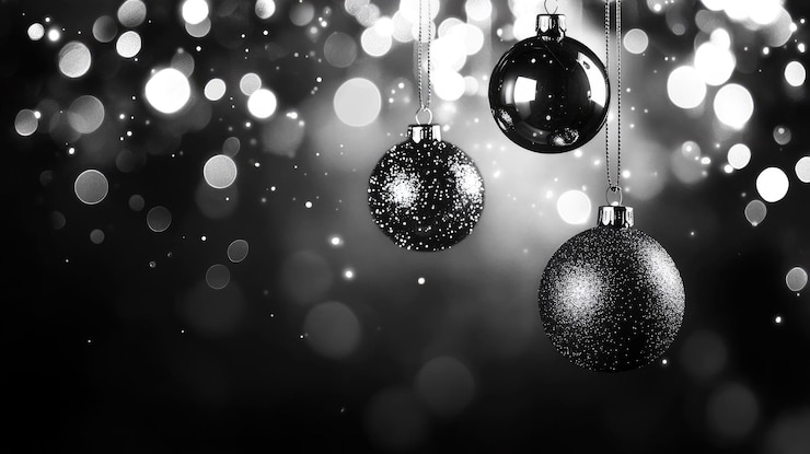 Foto sfere di albero di natale scintillanti neri e bianchi sfondo di natale luci brillanti