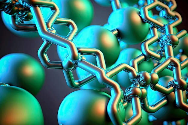 Sfere e catene collegate in un'unica struttura in primo piano della molecola