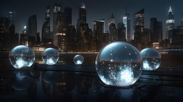 Sfere futuristiche della città sull'acqua 3D Rendered SciFi Scene per VFX Powers e Backdrops