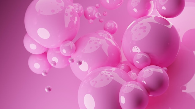 Sfere rosa vivide sospese galleggianti sullo sfondo rosa. 3D render di sfere lucide. Pantone colori pastello. Sfondo astratto. Fisica scienza palle lucide arte moderna pop. Copia spazio spazio vuoto