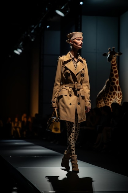 Sfilata di moda della donna della giraffa che cammina nella fase generativa AI