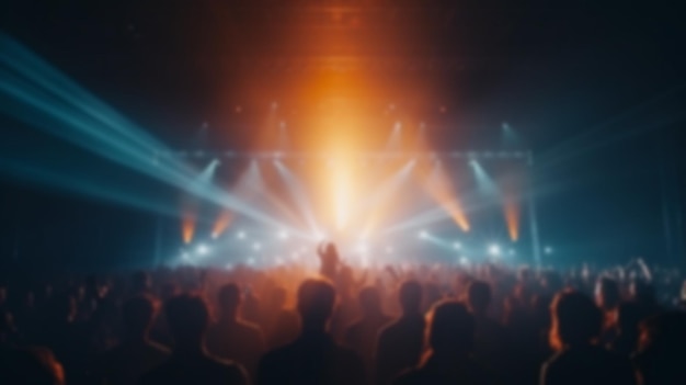 sfoca il pubblico della folla che guarda lo spettacolo dal vivo nella sala da concerto o nello stadio della sede con illuminazione generativa ai