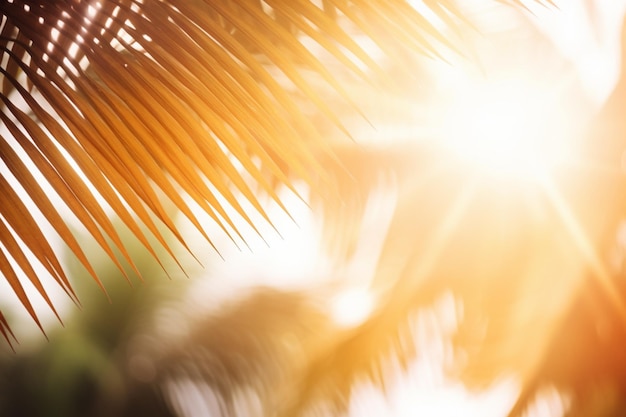 Sfoca la foglia di palma sulla spiaggia tropicale con la luce del sole bokeh con lo spazio della copia