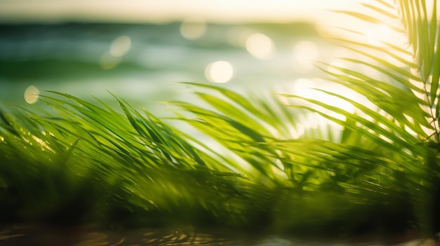 Sfocare la bella natura foglia di palma verde sulla spiaggia con sfondo di luce solare bokeh AI generativa