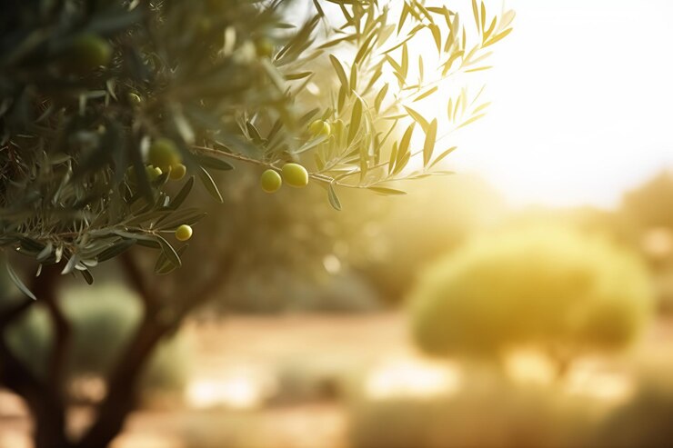 sfocato alberi di olive fiele sullo sfondo con rami sul lato al sole mattutino con area copyspaceGenerative AI