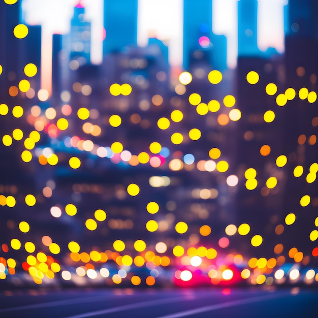 Sfocato paesaggio urbano effetto bokeh sera luce grattacieli ai generati