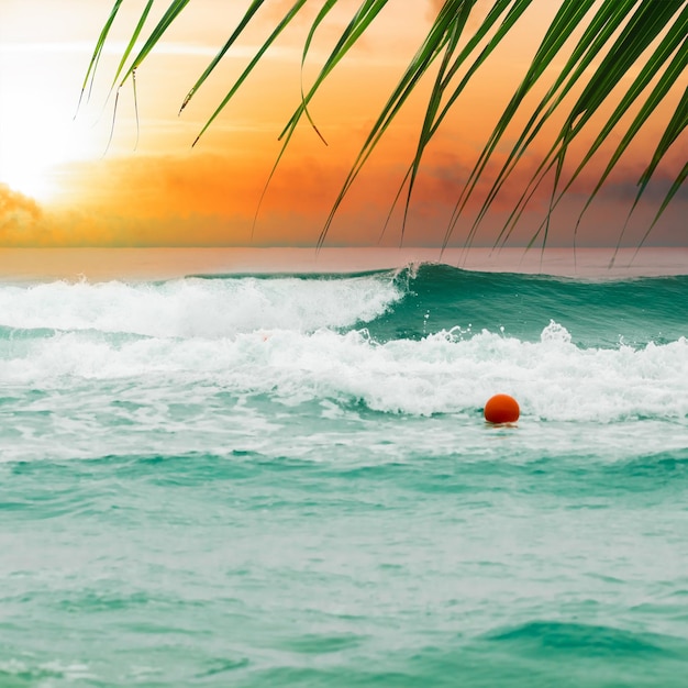 Sfocato tramonto acqua di mare bokeh e foglia di palma per lo sfondo Fuoco selettivo