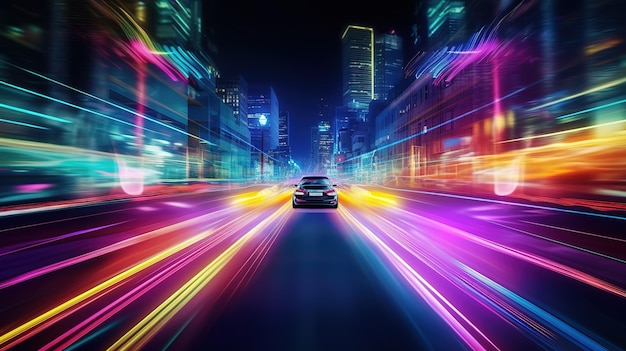 Sfocatura del movimento del cavalcavia dell'autostrada con sfondo della città Illustrazione futuristica delle tecnologie future IA generativa