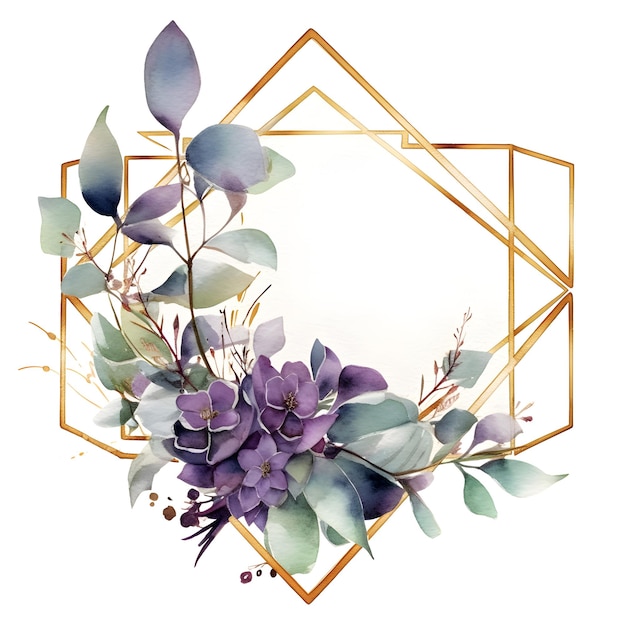 Sfocatura della vernice della disposizione dei fiori dell'acquerello Cornice geometrica dorata IA generativa